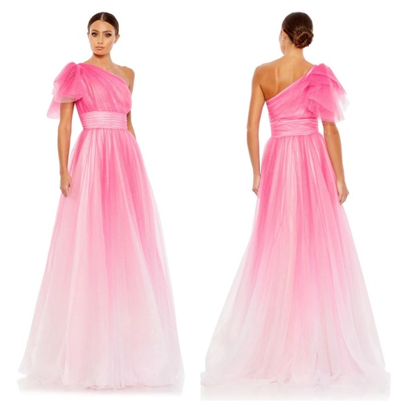Mac Duggal 20377 Glitter Ombré Ruffled One Shoulder Ballgown Size 12 NWT